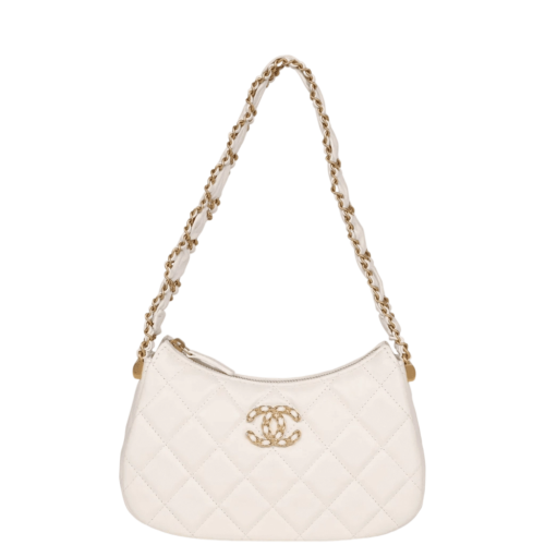 Chanel AS4422 23K Hobo Bag Lambskin Gold Metal White